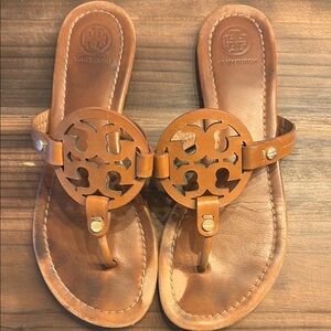 Tory Burch Brown Leather Sandals with Logo Medallion